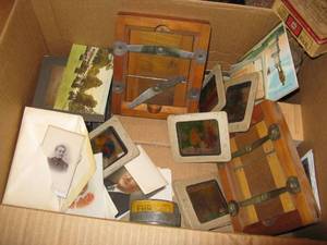 lot 249 image: Antique Photography Lot - View Camera Parts, Lenses, Milk Glass Photos Postcards, Glass Plates, etc.