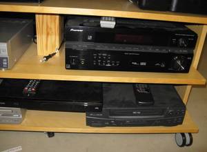 lot 266 image: LARGE Electronic Lot and Stand - TV & Speakers, etc.