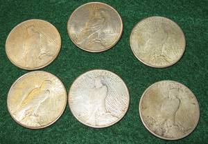 lot 279 image: 6 Peace Silver Dollars