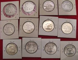 lot 289 image: 12 Silver Half Dollars, VG to UNC, 1944-54