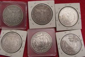 lot 291 image: 6 Morgan Silver Dollars, 1879-86