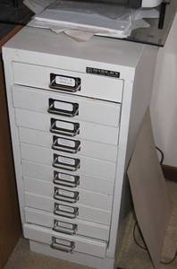 lot 381 image: Vintage Heavy Fireproof Military Legal File Cabinet and Pair of Metal Parts Cabinets