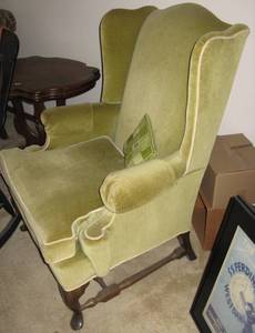 lot 21 image: Vintage Green Velvet Wingback Chair