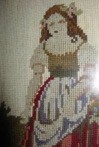 lot 33 image: Antique Framed Needlework - Girl Feeding Chickens 