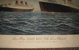 lot 51 image: Vintage 1930s Cunard Line Print - Queen Mary and Queen Elizabeth
