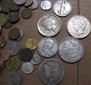 lot 91 image: Coin Lot Silver Dollars, Halves, Quarters Dimes, Roll 1943 Pennies, etc.