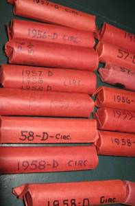 lot 338 image: 22 Rolls of Circulated Pennies, 1956-1959, Unsorted (one roll 1957 not shown)