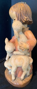 lot 125 image: Hand Carved Wood Anri Hand Carved and Painted Figurine Good Shepherd Girl