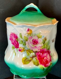 lot 112 image: Delicate Collection of Vintage Floral Porcelain Pitcher, Cups and Cracker Jar