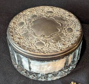 lot 47 image: Vintage Vanity Jars and More including a Vintage Ormolu Filigree Gold Metal Jewelry Box
