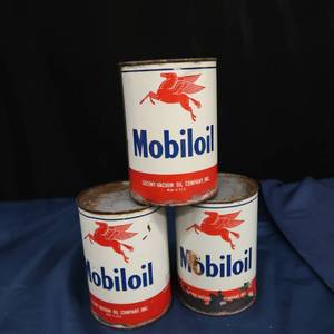 lot 54 image: 3 MOBILOIL EMPTY CANS