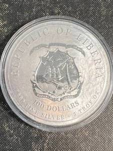 5 TROY OZ .999 FINE SILVER REPUBLIC OF LIBERIA ROUND IN AIRTITE
