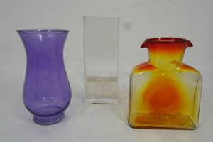 lot 28 image: (3) Miscellaneous Glass Flower Vases...Blenko Tangerine Amberina Double Spout Water Bottle Etc.