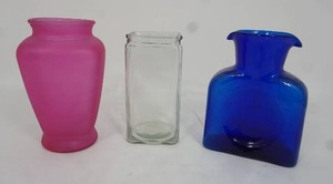 lot 29 image: (3) Miscellaneous Glass Flower Vases...Blenko Cobalt Blue Double Spout Water Bottle Etc.