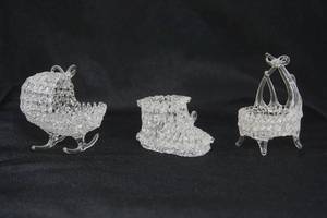 lot 36 image: (3) Vintage Blown Art Glass Miniature Figures...Crystal Baby Rocking Cradle-Baby Bootie-Baby Bassinet
