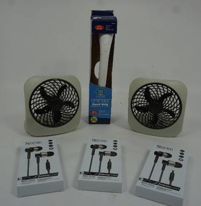 lot 150 image: (2) Procell Fans (3) Sound MH-006 Bass Stereo Headsets...