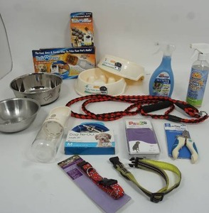 lot 231 image: Pet Supplies...Dog Collars, Leash,  Pedi-Paws, Stainless Steel Food Water Bowls, Cleaners Etc.