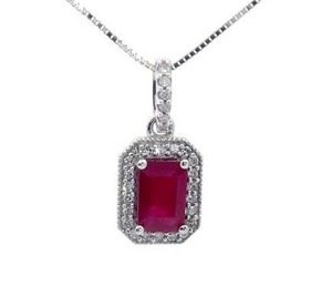 0.72 Carat Emerald Cut Ruby &amp Diamond Halo Drop Pendant &amp Chain Necklace in 14k White Gold Retail $2,395 VIDEO