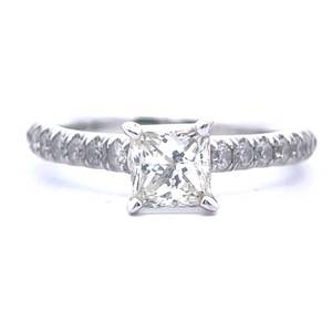 1.30 Carat Princess Diamond Solitaire & Pave Band Engagement Ring in 14k White Gold Retail $3250