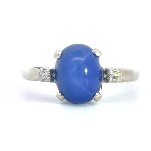Blue Star Sapphire Oval Cabochon &amp Diamond Three-Stone Ring in 14k White Gold Retail $1,750 VIDEO