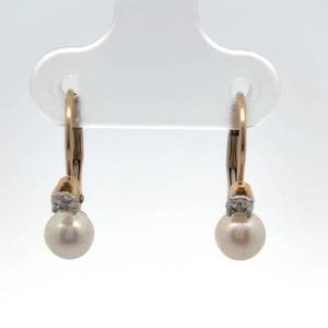 White Cultured Pearl & Diamond Two-Stone Oblong Oval Drop Earrings in 14k Yellow Gold w Lever Backs