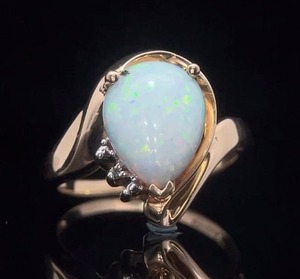 Cabochon Pear White Opal &amp Diamond Oceanic Wave Ring in Yellow Gold Retail $1450