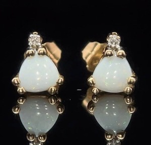 Triangle Cabochon White Opal & Diamond Two-Stone Stud Earrings in 14k Yellow Gold