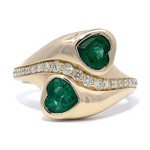 Emerald Two-Stone Heart & VS CLARITY Diamond Dome Bypass Ring in 14k Yellow Gold Appraisal Value $10,740.00 w Original Sales Tag Attached VIDEO