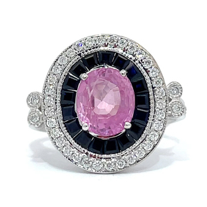 Natural No Heat Pink Sapphire  Blue Sapphire & Diamond Double Halo Ring in 18k White Gold w GIA Report Appraisal Value $19,980 w Original Sales Tag Attached VIDEO