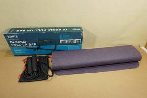 lot 78 image: Assorted Workout Gear - Yoga Mat, Jump Rope, Pull Up Bar