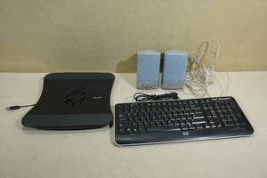 lot 125 image: Assorted Computer Accessories - Speakers, Keyboard, Fan