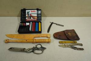 lot 144 image: Assorted Knives and Tools - Sharpener, Shears, Straight Blade