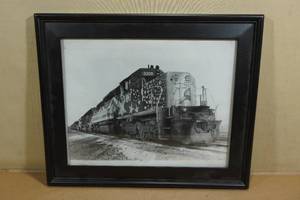 lot 232 image: Framed Black and White Union Pacific Locomotive Photo