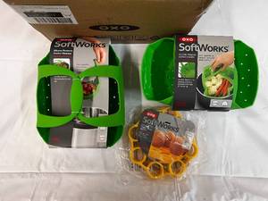 lot 282 image: 7 Piece OXO Softworks Silicone Steamers, Egg Racks