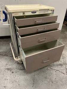 lot 18 image: MSRP $2800 Armstrong Medical Industries 4-Drawer A-Smart Storage Supply Crash Cart System with Lock and Key - In Great Condition