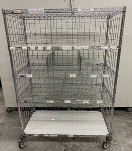 lot 39 image: MSRP $4000 Metro Industrial Stainless Steel Enclosed 4-Shelf Mobile Shelving Wire Storage Rack Cart Truck - Excellent Condition