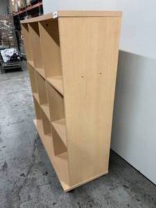 lot 21 image: MSRP $1200 Classroom 9-Section Cubby Bookshelf Display Cabinet Storage with Large Wheels for Extra Easy Mobility - In Excellent Condition  Approx 55x48x15