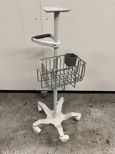 lot 44 image: GCX Corporation VHRS Series Polymount Roll Stand - Mobile Computer Stand with Handle Bar and Wire Basket - In Excellent Condition