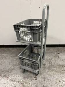 lot 56 image: HoverTech HoverCart Supply Storage Transport Cart with 2 Akro-Mils Plastic Straight Wall Basket Container Tote with Mesh Sides - In Excellent Condition