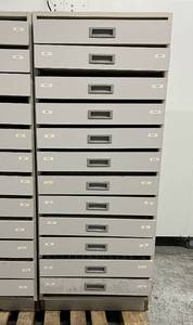 lot 61 image: WOW Rare Vintage 12-Drawer Laboratory Pathology Specimen Slide Containment Storage Cabinets - Drawers Slide Out Smoothly & Really Far Plus Look At Those Cool Storage Containers Inside  Many Uses For This Heavy Duty Medical Cabinet