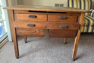 Antique Possum Belly Bakers Table w Hamilton Mfg Co Pulls ( 40 W x 24 D x 25 T) - RESERVE LOWERED TO $250