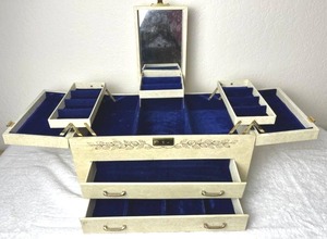 Wonderful MCM Vintage Jewelry Box with Mirrored Lid & Fold Out Top Compartment in Good Condition (16 W x 9 D x 8 T - Unopened)