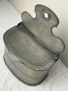 Primitive 9 Italian Pewter Hanging Salt Box with Rare Porcelain Insert