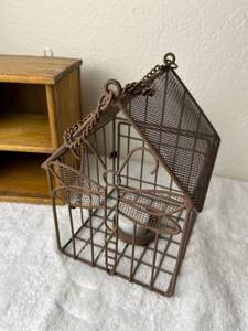 Hanging Metal Butterfly Cage Candle Holder with Vintage Wooden Display Shelf