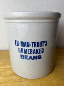 Vintage 1 Gallon ER-MAN-TROUTS Home Baked Bean Crock (7.5 T x 6.25 Opening)