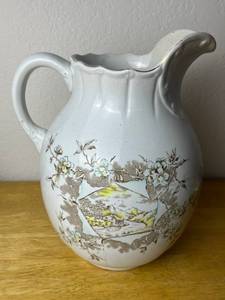 Antique Earthenware Cabin Pitcher BrownGold Transferware w Minneapolis Stamp (11 Tall with 6 Opening to Spout)