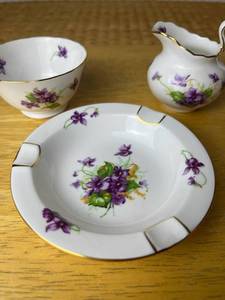 Vintage Royal Chelsea Spring Violets 4.5 Ashtray  Creamer  Sugar Bowl