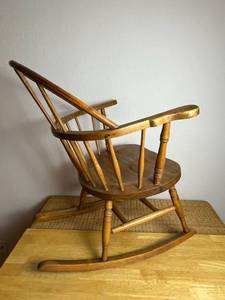 Vintage Childs Blow Back Spindle Back Windsor Wood Rocking Chair in Good Condition
