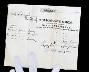 lot 150 image: 1863 Handwritten Invoice from C. McDonough & Son, Philadelphia Wine and Liquor Dealers