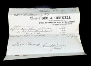lot 256 image: 1863 Handwritten Invoice from Geo. J. Henkels Fine Furniture and Upholstery